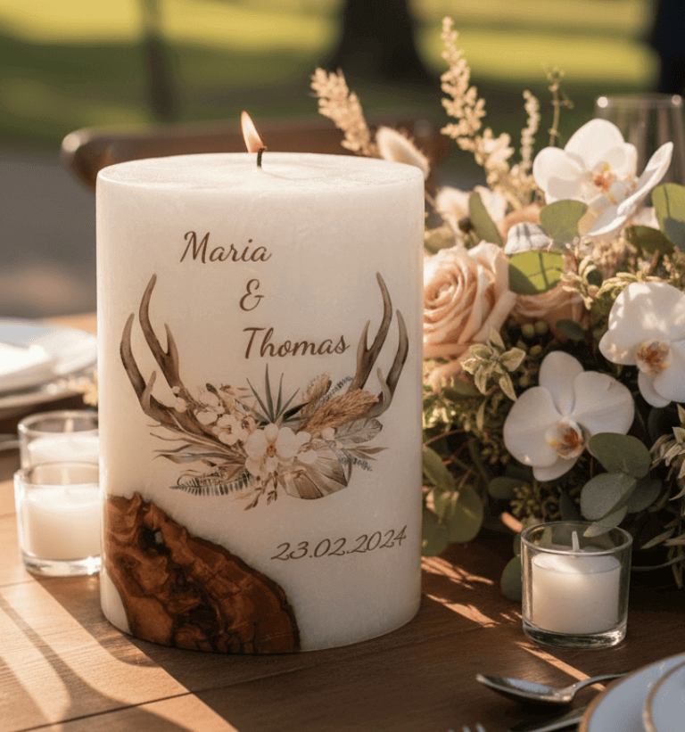 "Geweih" Hochzeitskerze mit Holzelement 14 x 21 cm oval mit Teelicht oder Docht