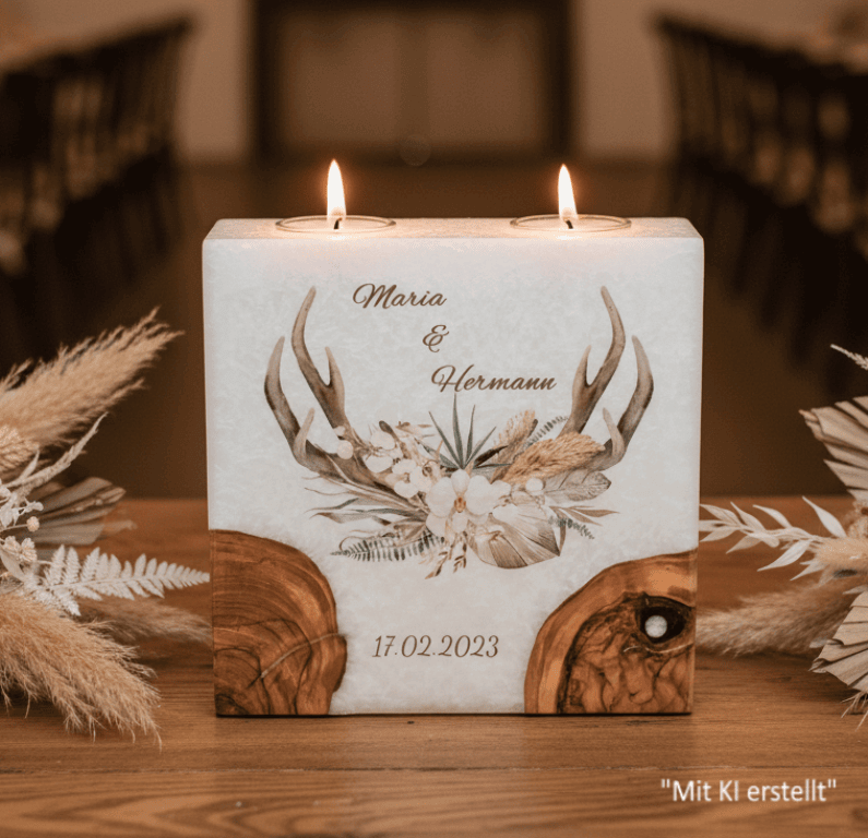 "Jäger" Hochzeitskerze mit 2 Holzelementen und 2 Teelichter 20 x 20 cm