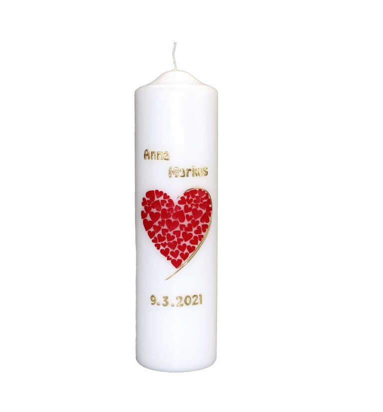 Individuelle Hochzeitskerze kaufen für die Trauung "Rotes Herz" 250 x 70 mm in weiss (ohne Beschriftung)