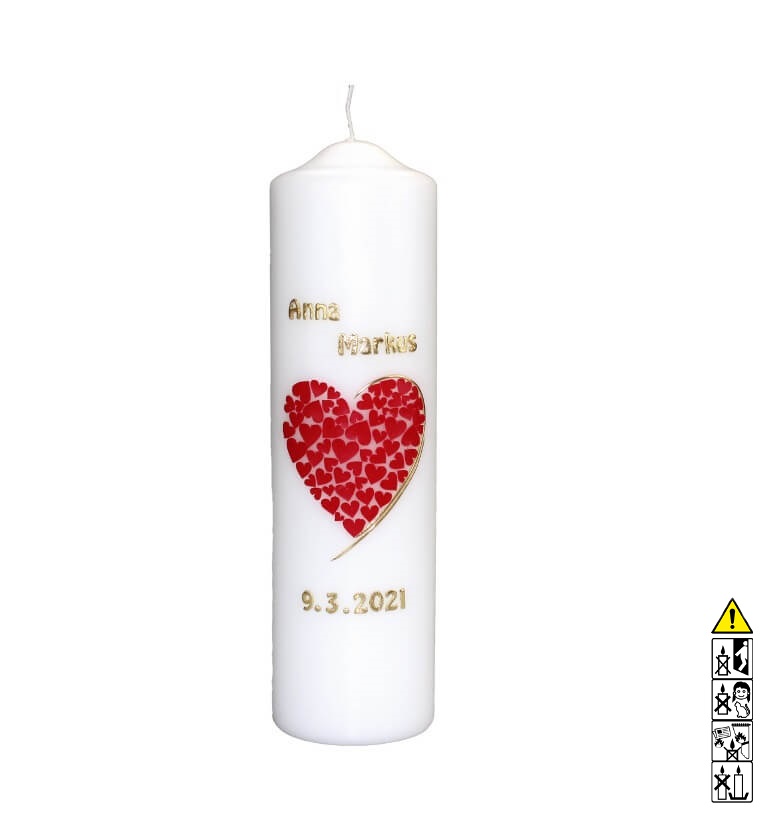 Hochzeitskerze "Rotes Herz" 250 x 70 mm in weiss (ohne Beschriftung) Individuelle Hochzeitskerze kaufen für die Trauung "Rotes Herz" 250 x 70 mm in weiss (ohne Beschriftung)