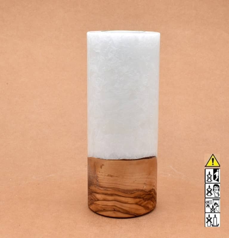 Kerze 80x200mm mit Holzelement, Individuelle, persönliche Hochzeitskerze  Holzkerze, Rund Stearinoptik, Hochzeitskerze mit Teelicht im Kerzen online Shop für Hochzeiten bestellen, günstig kaufen.