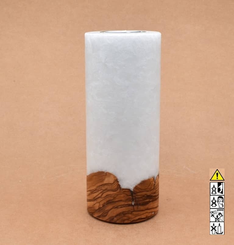 Kerze 80x200mm mit Holzelement, Individuelle, persönliche Hochzeitskerze  Holzkerze, Rund Stearinoptik, Hochzeitskerze mit Teelicht im Kerzen online Shop für Hochzeiten bestellen, günstig kaufen.