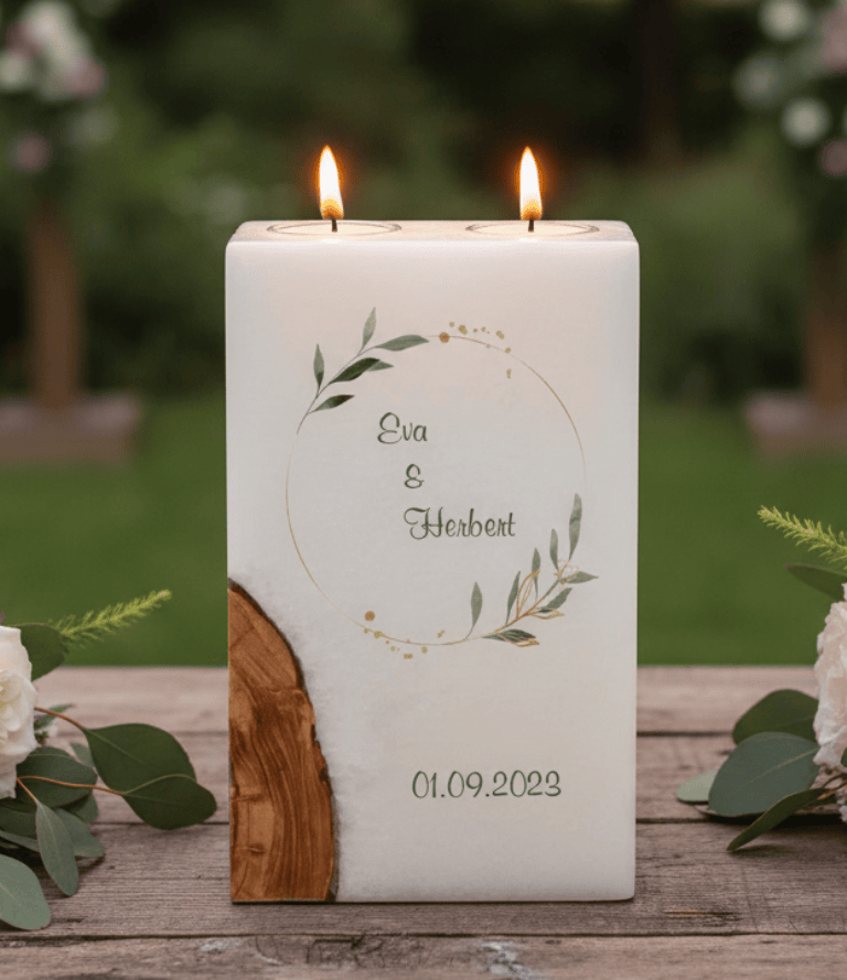 "Olivenkranz" Hochzeitskerze mit Holz und 2 Teelichter 14 x 21 cm