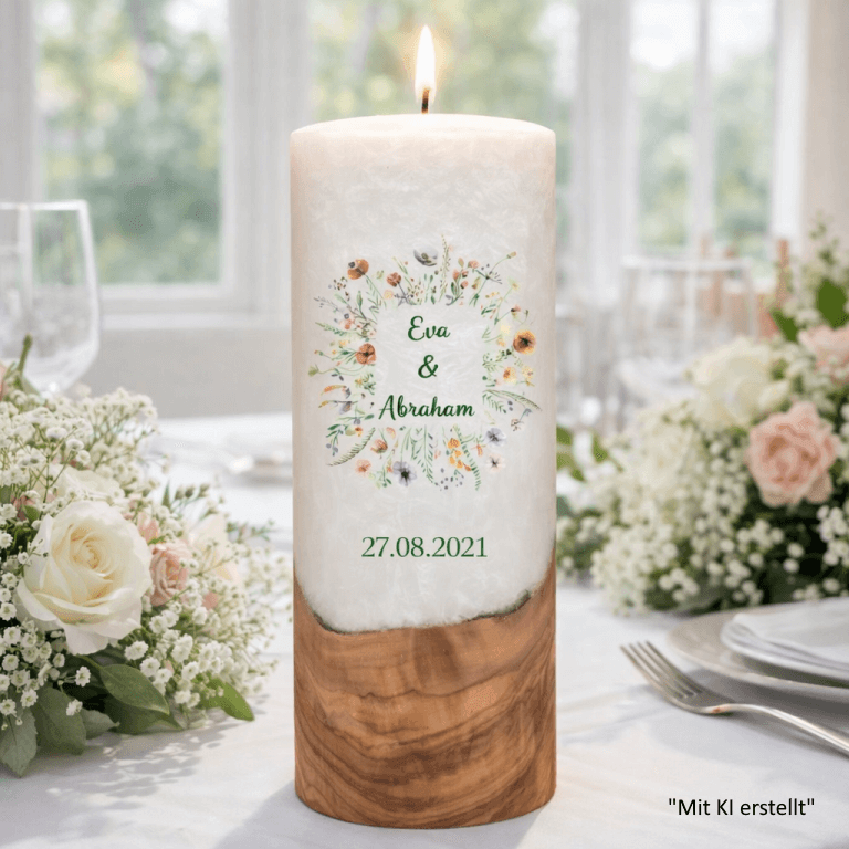 "Blumen Rahmen" Hochzeitskerze mit Holzelement 30 cm hoch