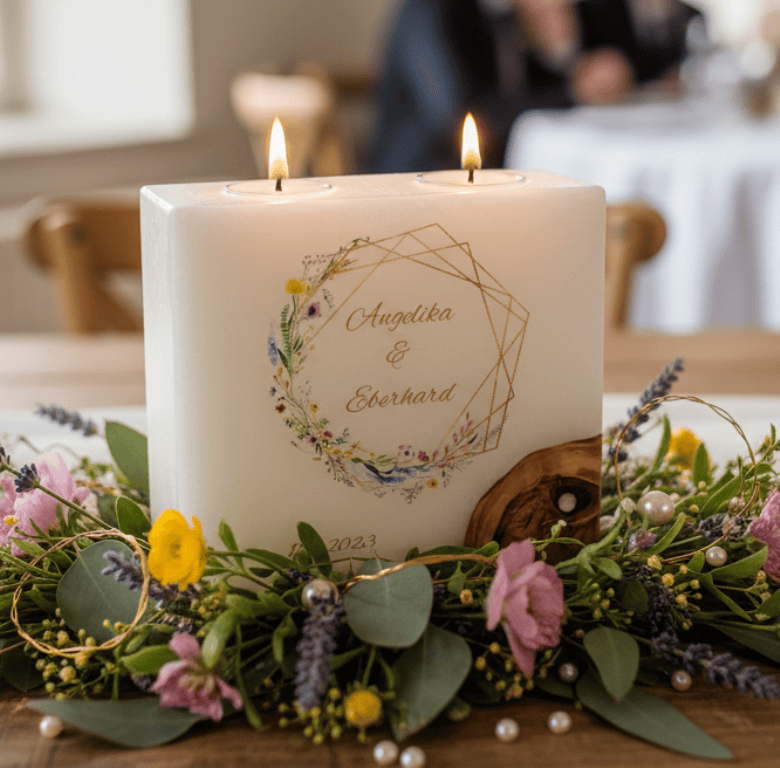 "Frühlingsblumen Kranz" Hochzeitskerze mit 1 Holzelement und 2 Teelichter 20 x 20 cm