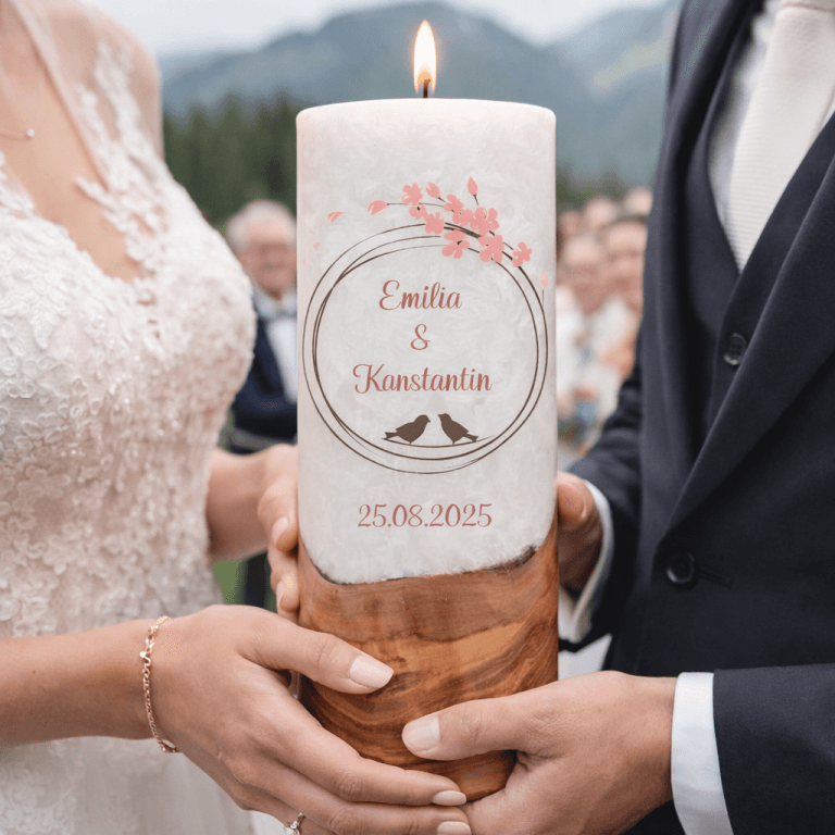 "Vogelpaar 1" Hochzeitskerze mit Holzelement 30 cm hoch