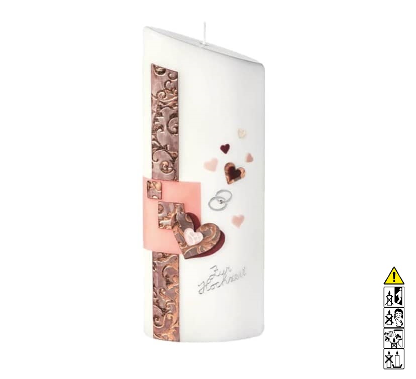 Hochzeitskerze Herzen aus Rosegold Elipse abgeschrägt 230 x 90/55 mm Hochwertige individuelle Hochzeitskerze für die Trauung Herzen aus Rosegold Elipse abgeschrägt 230 x 90/55 mm