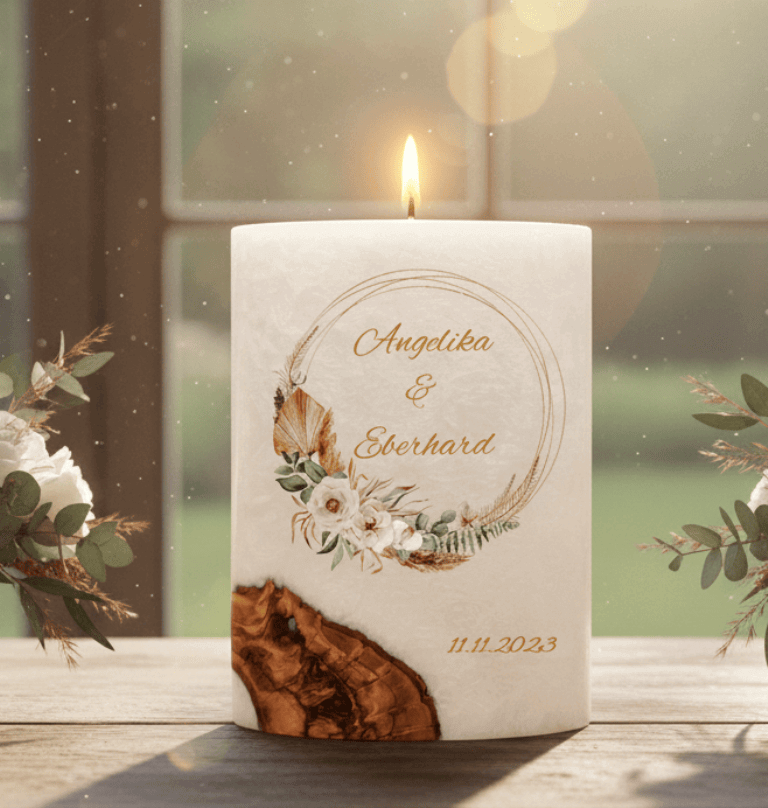 "Rustica Kranz" Hochzeitskerze mit Holzelement 14 x 21 cm oval mit Teelicht oder Docht