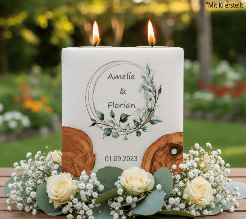 Hochzeitskerze Eukalyptus Ring in Gold mit 2 Holzelementen und 2 Teelichter 20 x 20 cm