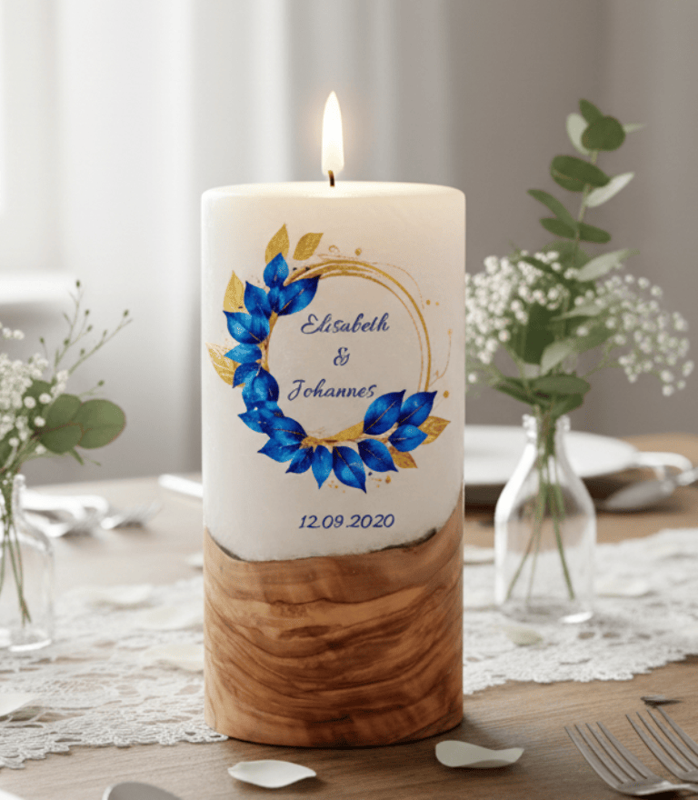 "Eukalyptus Blau" Hochzeitskerze mit Holzelement 20 cm hoch