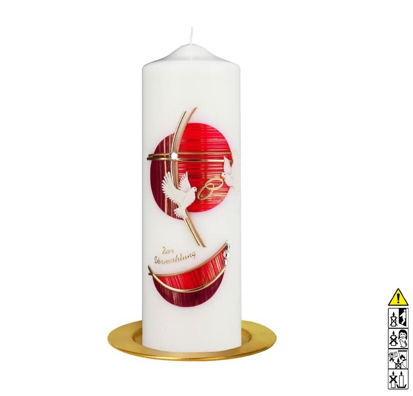 Hochwertige individuelle Hochzeitskerze für die Trauung weiße Tauben auf Rot Rundkerze 250 x 80 mm (ohne Teller)