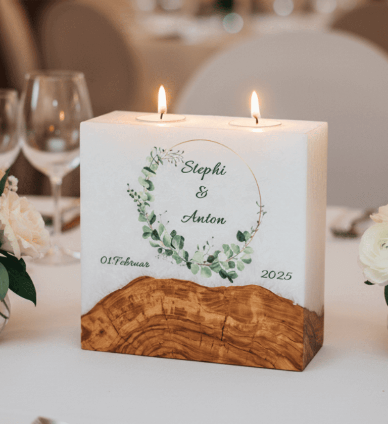 Hochzeitskerze Eukalyptus Kranz wild mit Sockel und 2 Teelichter 20 x 20 cm