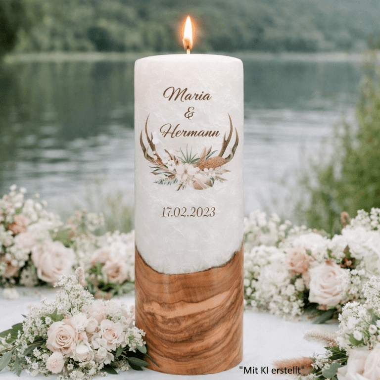 "Jäger" Hochzeitskerze mit Holzelement 30 cm hoch