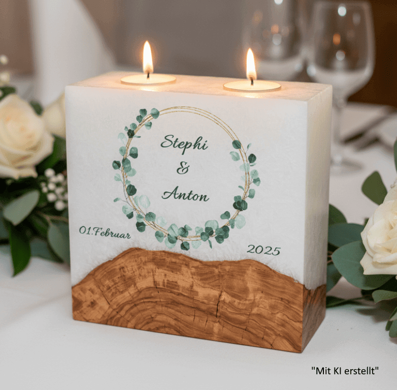 Hochzeitskerze Eukalyptus Kranz mit Sockel und 2 Teelichter 20 x 20 cm